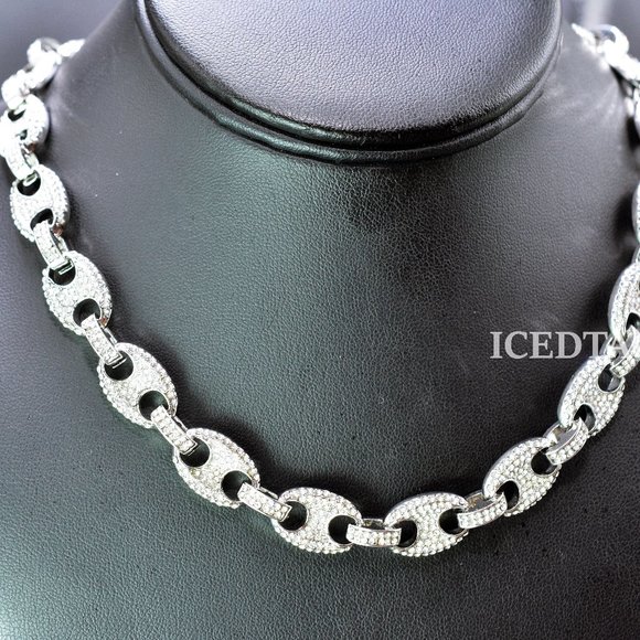 Iced Out Mariner Link White Gold Plated Necklace - Picture 1 of 4